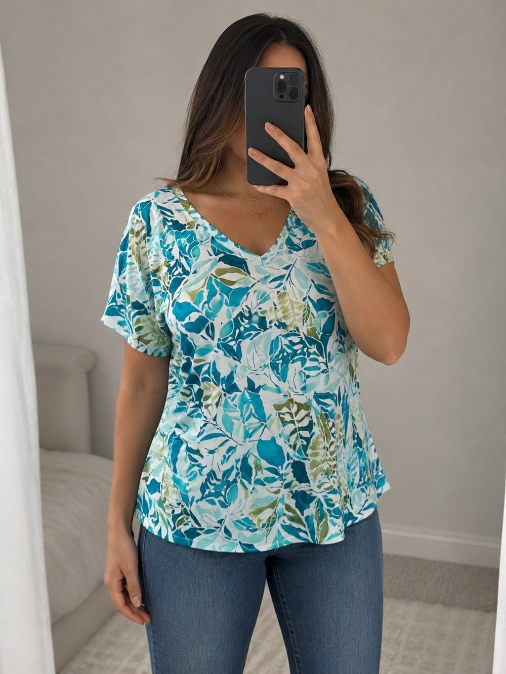 Chico's Teal and White Floral V-Neck Short Sleeve Top Plus Size XL NWT